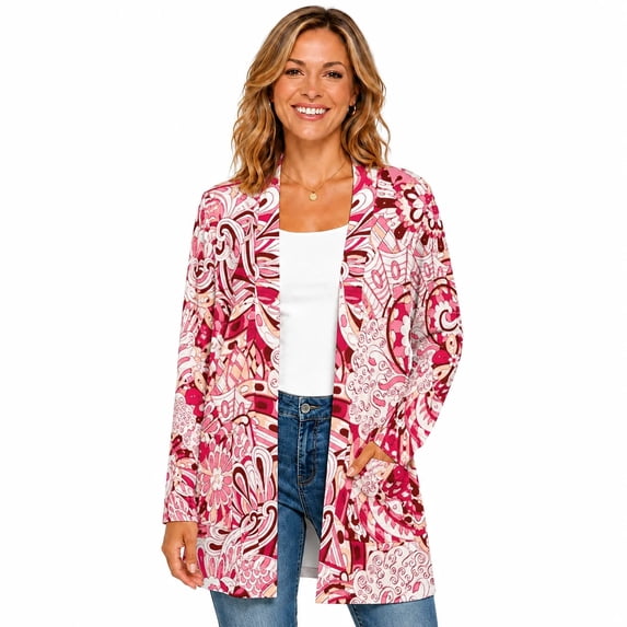 Women's Plus Size Pink Boho Print Cardigan, Long Sleeve Open Front Tunic with Pockets