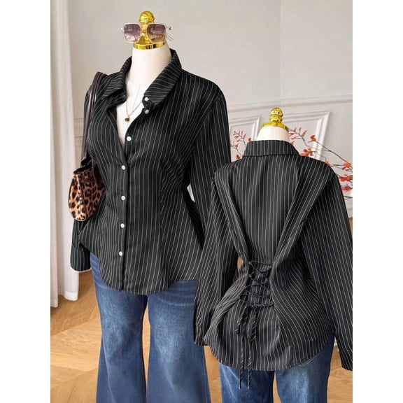 Women's Plus Size Pinstripe Button Front Shirt, Collared Long Sleeve Lace-Up Back Fitted Blouse for Work, Office & Everyday Wear