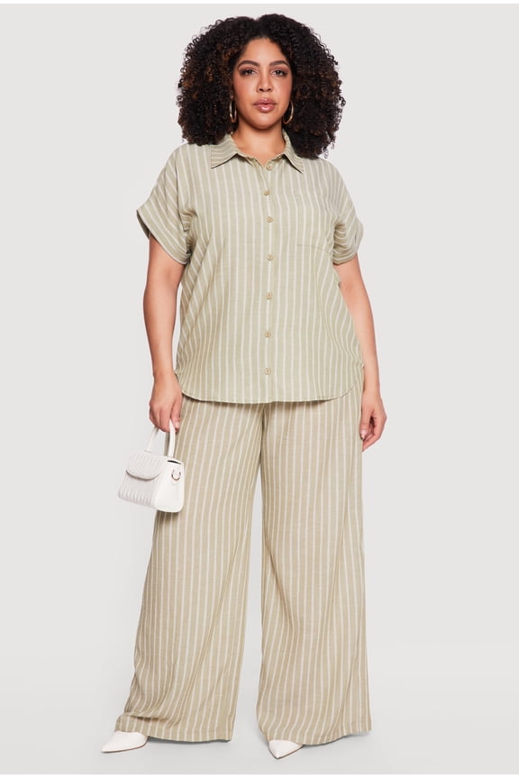Women's Plus Size Pinstripe Drawstring Waist Wide Leg Pants