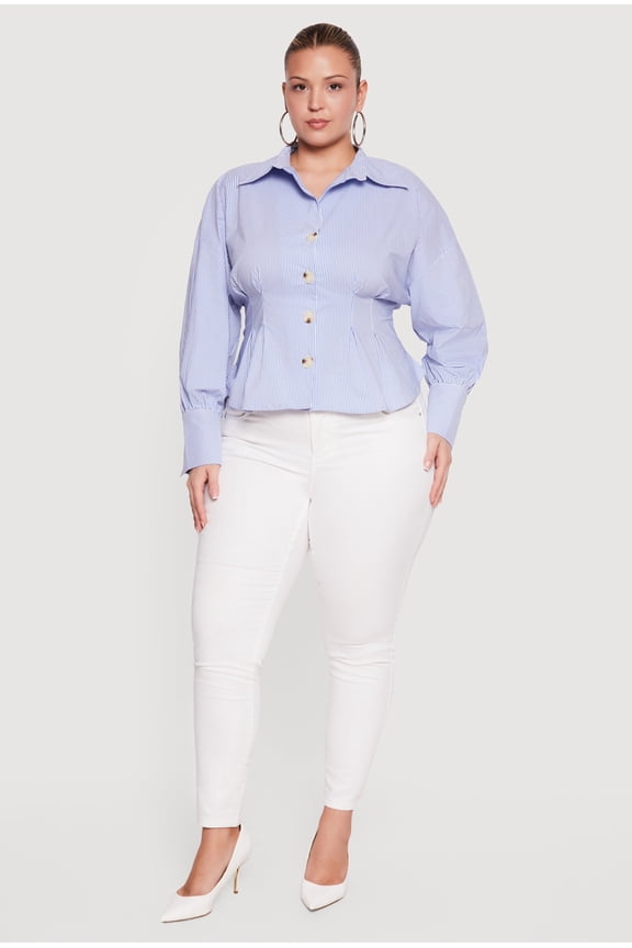 Women's Plus Size Pinstripe Drop Shoulder Pleated Blouse