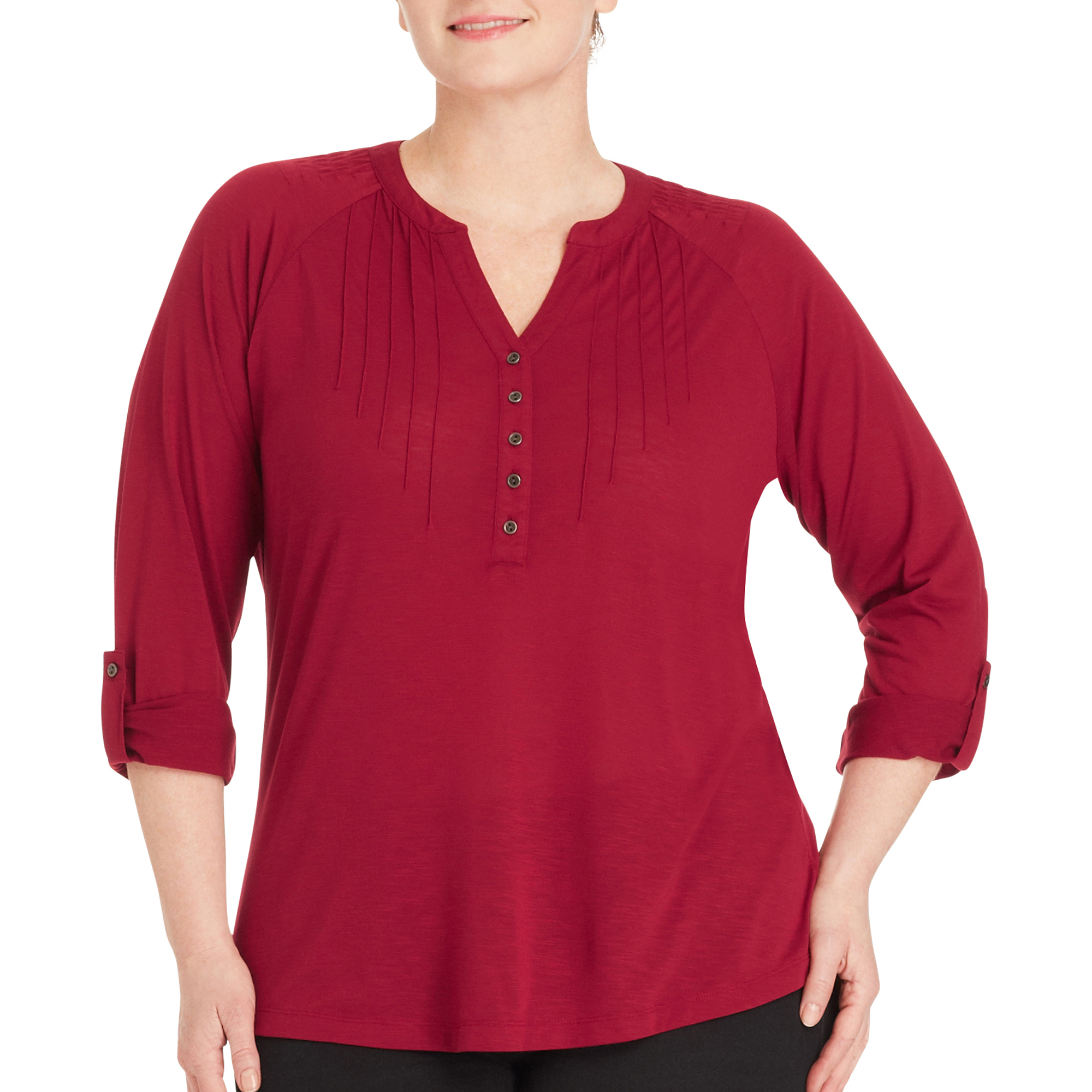 Women's Plus-Size Pintuck Henley with Rolled Sleeves - image 1 of 2