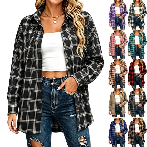 Women's Plus Size Plaid Jackets Lapel Button Cardigan With No Positioning Shirt Jacket Long Sleeved Top