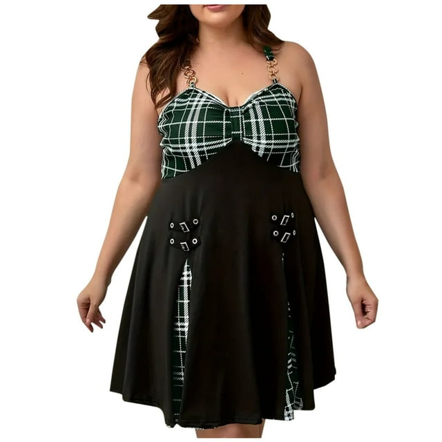 Women's Plus Size Plaid Patchwork Dresses 2024 Summer Spaghetti Metal ...