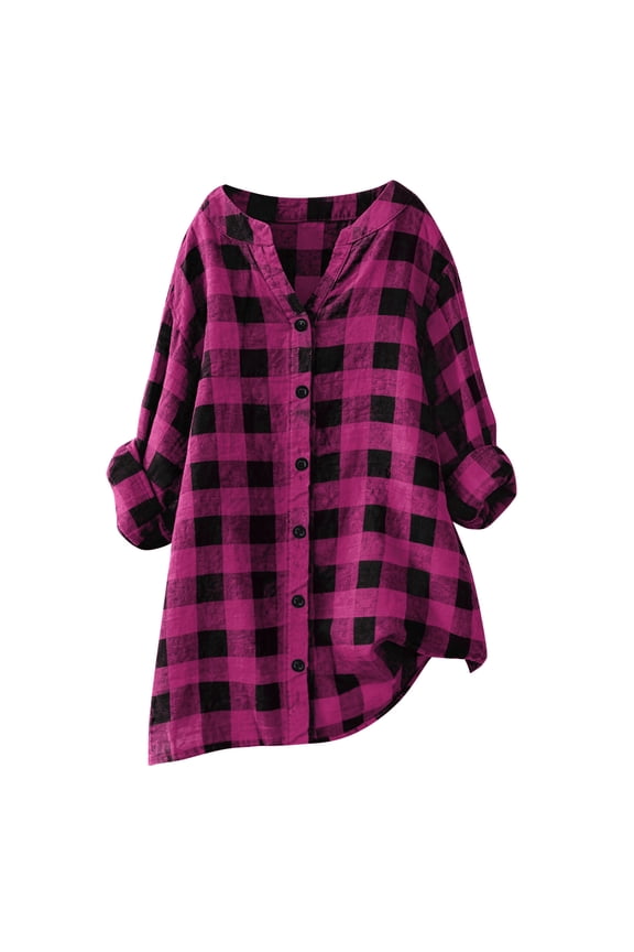 Women's Plus Size Plaid Shirt V-Neck Long Sleeve Button-Down Tunic Blouse Loose-Fit Casual Top for Brunch Dates & Vintage Styling