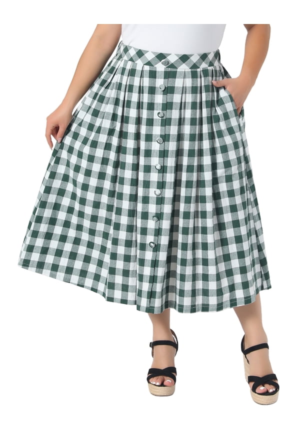 Women's Plus Size Plaid Skirt Vintage Button Decor Flare Flowy High Waisted Elastic Checkered Midi Skirts with Pockets 2X Green