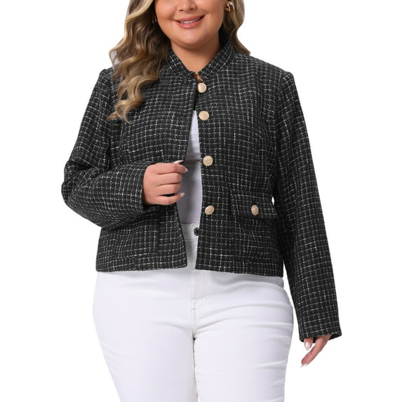 Agnes Orinda Women's Plus Size Plaid Tweed Blazer Long Sleeve Button Down Elegant Cropped Jacket with Pockets 1X Black