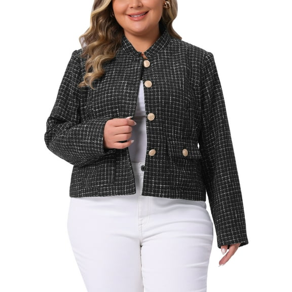 Agnes Orinda Women's Plus Size Plaid Tweed Blazer Long Sleeve Button Down Elegant Cropped Jacket with Pockets 1X Black