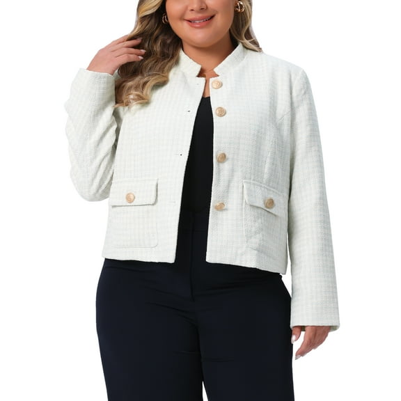Agnes Orinda Women's Plus Size Plaid Tweed Blazer Long Sleeve Button Down Elegant Cropped Jacket with Pockets 3X Beige