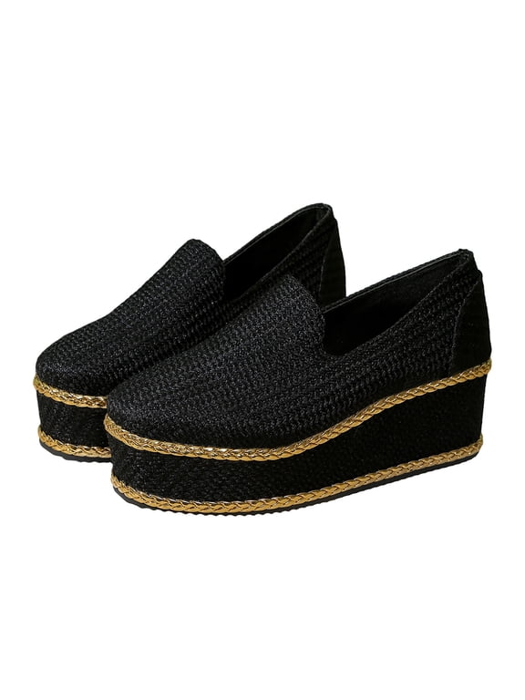 Women's Plus Size Platform Espadrille Loafers - Black Thick Sole Wedge Casual On Shoes with Gold Trim, Wide Width Comfortable Fisherman Flats for Daily Wear