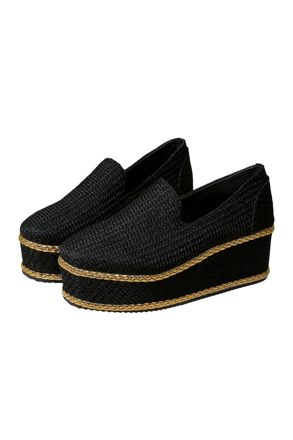 Women's Plus Size Platform Espadrille Loafers - Black Thick Sole Wedge Casual On Shoes with Gold Trim, Wide Width Comfortable Fisherman Flats for Daily Wear