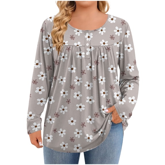 Women's Plus Size Pleated Henley Blouse - V-Neck Long Sleeve Loose Tunic Top, Soft Stretch Business Casual Dressy Blouse (L-5XL)