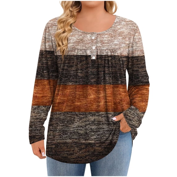 Women's Plus Size Pleated Henley Blouse - V-Neck Long Sleeve Loose Tunic Top, Soft Stretch Business Casual Dressy Blouse (L-5XL)