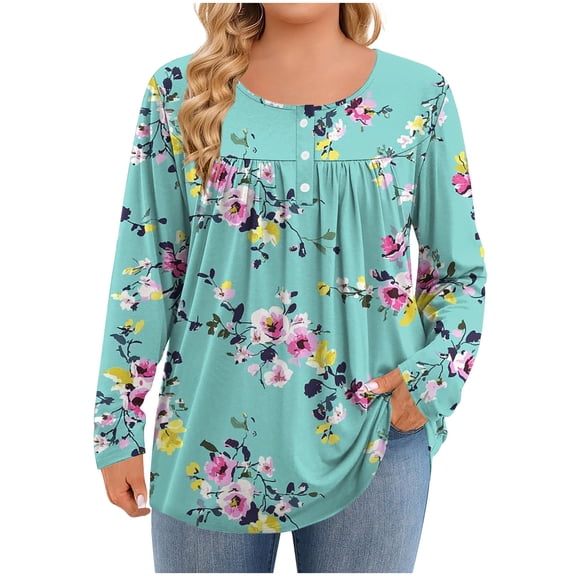 Women's Plus Size Pleated Henley Blouse - V-Neck Long Sleeve Loose Tunic Top, Soft Stretch Business Casual Dressy Blouse (L-5XL)