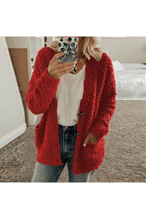 Women's Plus Size Plush Cardigan Sweaters Casual Oversized Open Front Long Cardigans Button Up Outerwear,S,Red