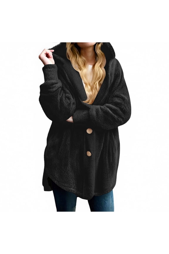 Women's Plus Size Plush Coats Solid Color Pocket Button Hooded Casual Loose Cardigan Wool Winter Plush Jacket