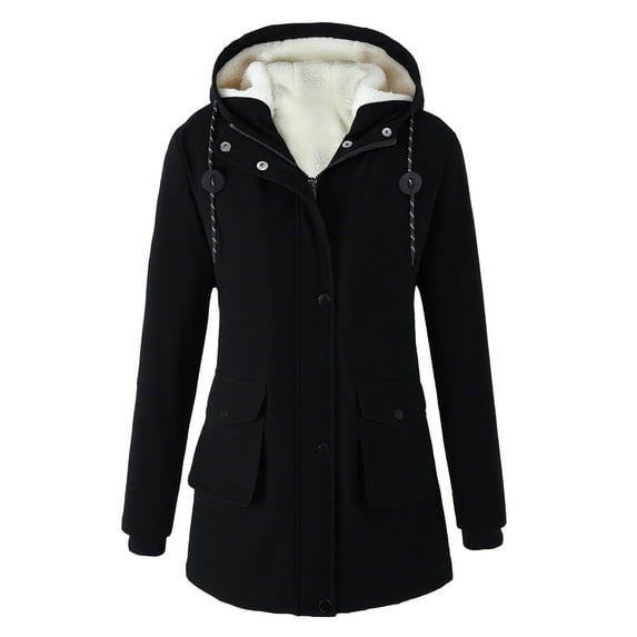 Women's Plus Size Plush Jacket - Casual Solid Color Hooded with Drawstring, Black, XXL