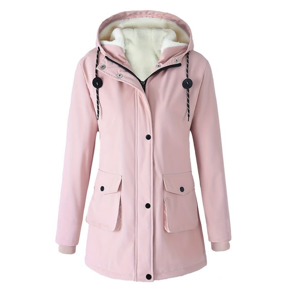 Women's Plus Size Plush Jacket - Casual Solid Color Hooded with Drawstring, Pink, XXL