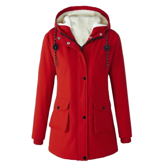 Women's Plus Size Plush Jacket - Casual Solid Color Hooded with Drawstring, Red, XXL