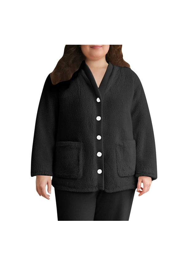 Women's Plus Size Plush Pajamas Winter Warm Double-Faced Fleece Bed Jacket Home Cardigan Pajamas With Pocket