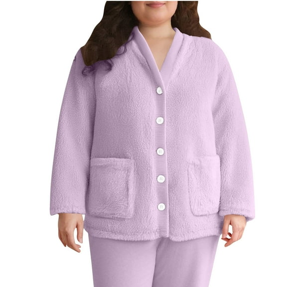 Women's Plus Size Plush Pajamas Winter Warm Double-Faced Fleece Bed Jacket Home Cardigan Pajamas With Pocket