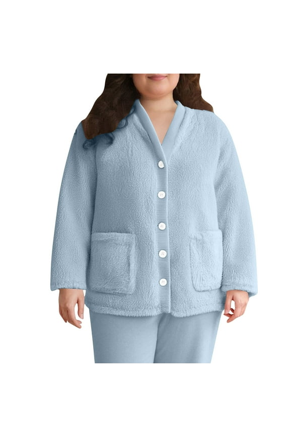 Women's Plus Size Plush Pajamas Winter Warm Double-Faced Fleece Bed Jacket Home Cardigan Pajamas With Pocket