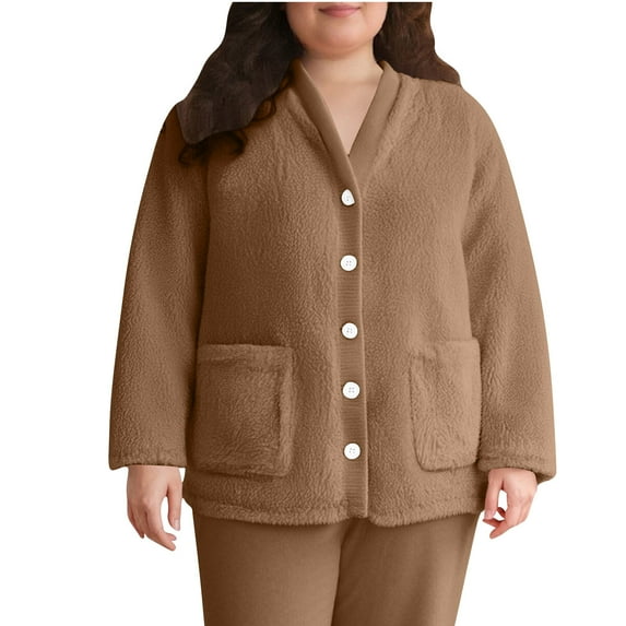 Women's Plus Size Plush Pajamas Winter Warm Double-Faced Fleece Bed Jacket Home Cardigan Pajamas With Pocket