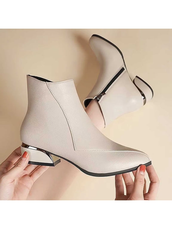 Women's Plus Size Pointed Toe Ankle Boots Side Zip Low Block Heel Smooth Genuine Leather Wide Fit for Office Wear Autumn Casual Matching Beige 36
