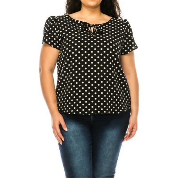 Women's Plus Size Polka Dot Overlapping Short Sleeve Ribbon Accent Top