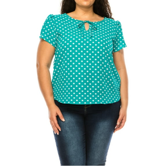Women's Plus Size Polka Dot Overlapping Short Sleeve Ribbon Accent Top