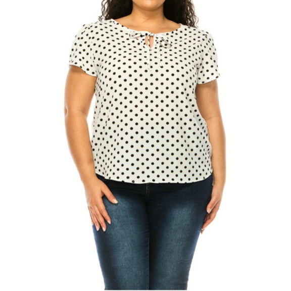 Women's Plus Size Polka Dot Overlapping Short Sleeve Ribbon Accent Top