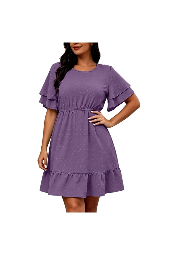 Women's Plus Size Polka Dot Round Neck Ruffle Sleeve Tiered Mini Dress, Flowy Chiffon Casual Date Night Summer Swing Dress, Dresses for Women Purple L