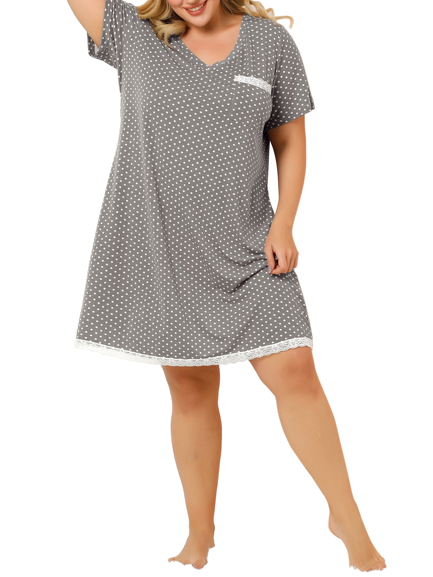 DARING DIVA Women's Plus Size Soft Short Sleeve Lace Trim Pajama Dress 1X Gray