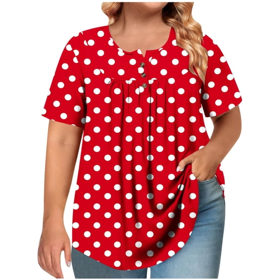 Women's Plus Size Polka Dots Tunic Shirts Summer Casual Crew Neck Short Sleeve Button Tops Red