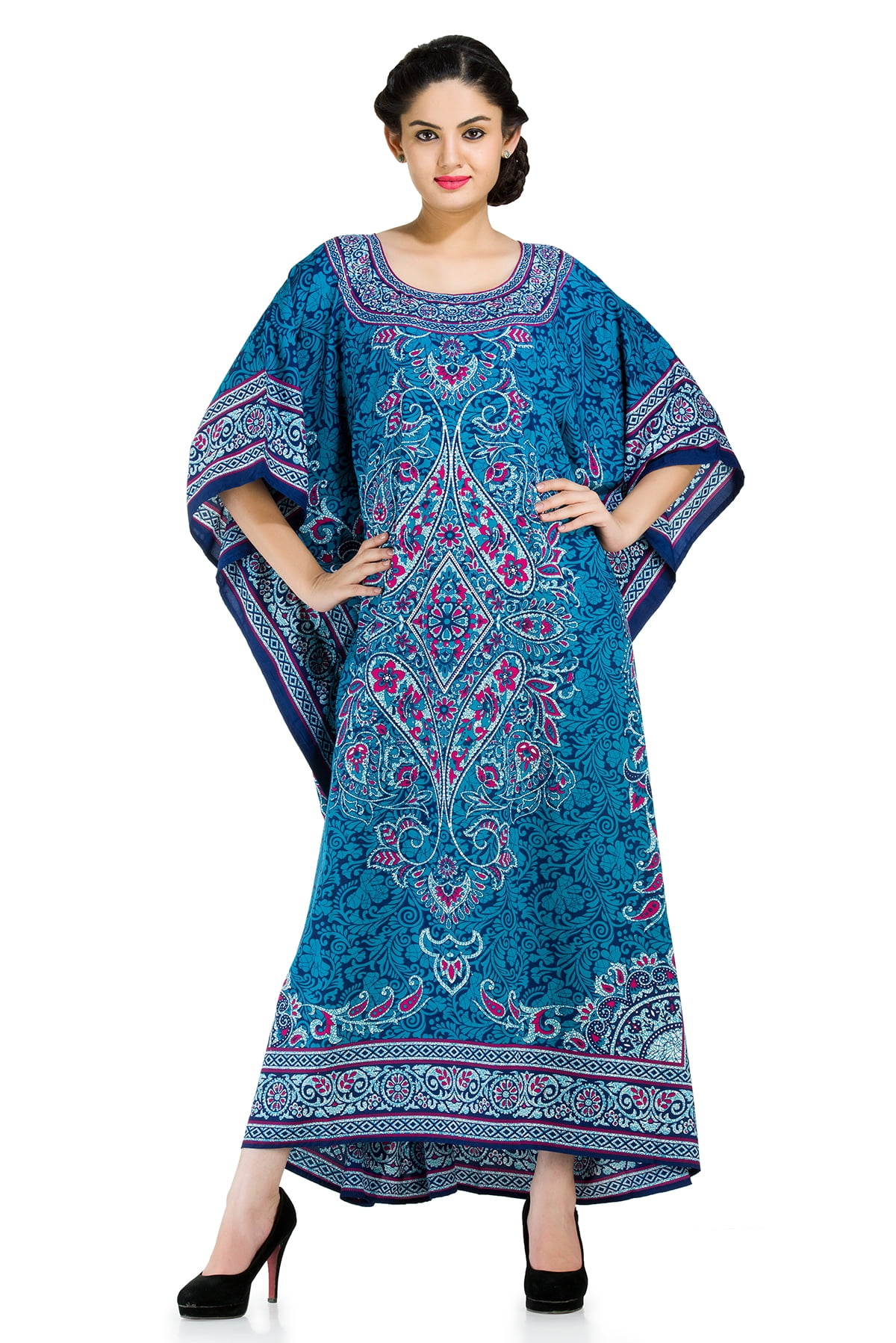 Geometric Printed Sky Blue Polyester Kaftan Plus Size Dress For Women