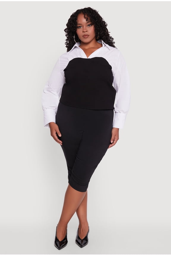 Women's Plus Size Ponte Color Block Ruched Blouse
