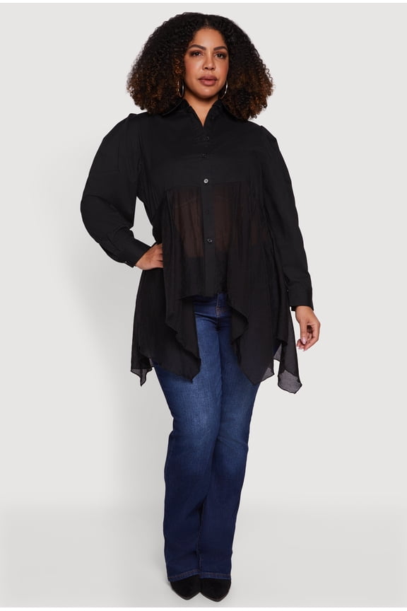 Women's Plus Size Poplin Sharkbite Hem Button Front Shirt