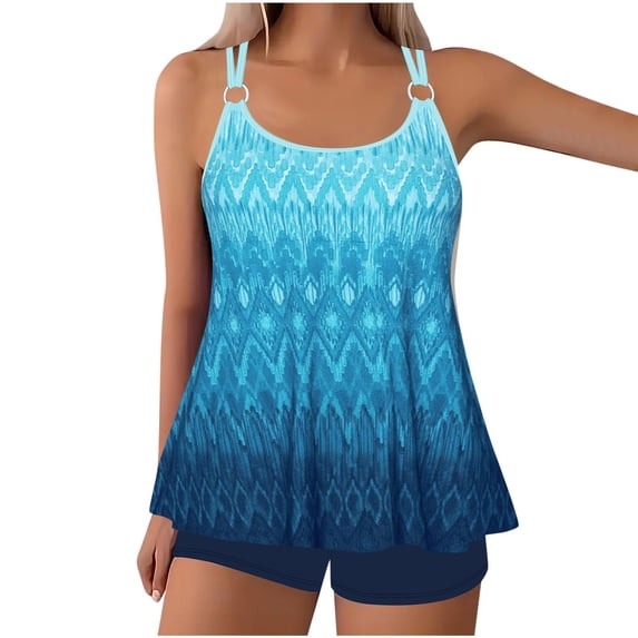 Fewfanhot Women's Plus Size Print Bikini Set, Ring Strap Padded Tankini Top & High Waist Swim Bottoms, Bathing Suit Two Piece Modest Coverage Swimsuit