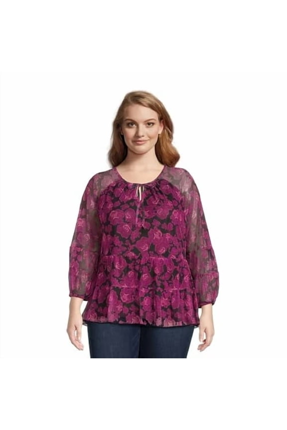 Women's Plus Size Print Mesh Peasant Top with Long Sleeves (4X,Berry)