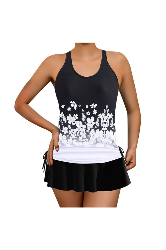 Women's Plus Size Print Tankini Set, Strap Padded Bra Bikini Top with Swim Skirt, Tummy Control Bathing Suit Modest Rash Guard Two Piece Swimsuit