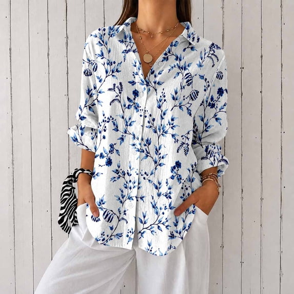 Women’s Plus Size Printed Button Down Long Sleeve Casual Blouse Shirt