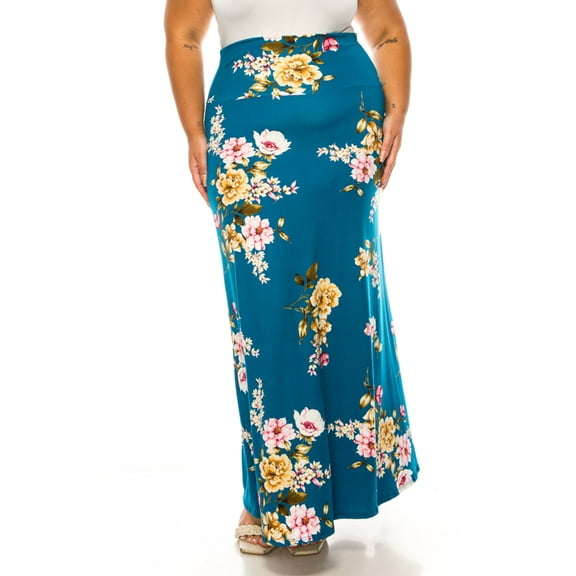 Women's Plus Size Printed High Waisted A-Line Maxi Skirt with Foldable Waistband - Relax