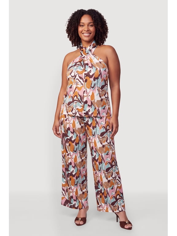 Women's Plus Size Printed Pattern High Drawstring Waist Wide Leg Pants
