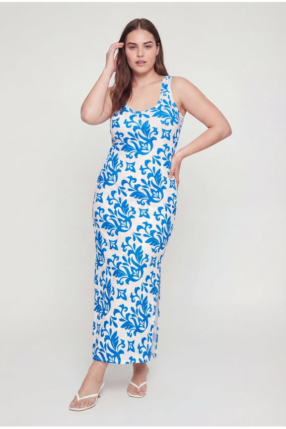 Women's Plus Size Printed Pattern Side Slit Rib Knit Maxi Dress