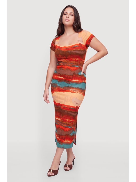 Women's Plus Size Printed Pattern Square Neck Side Slit Maxi Dress
