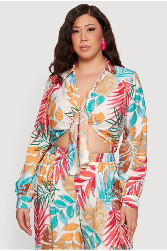 Women's Plus Size Printed Pattern Tie Front Crop Top