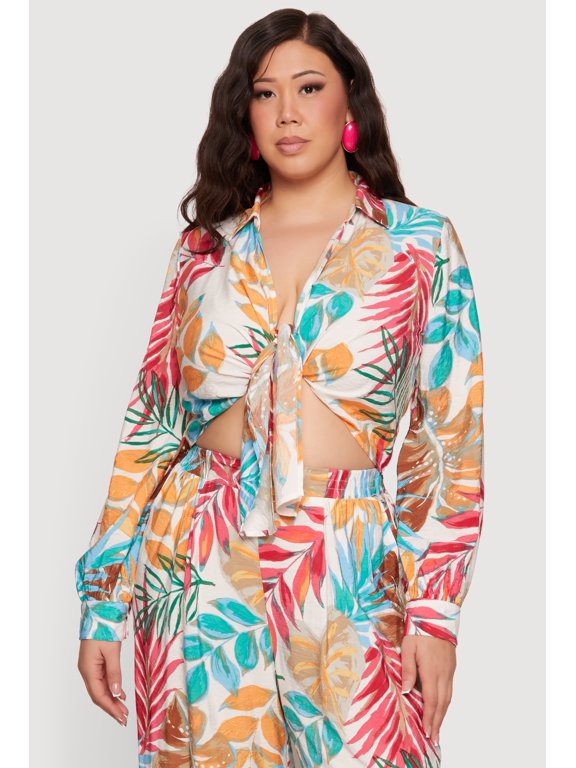 Women's Plus Size Printed Pattern Tie Front Crop Top