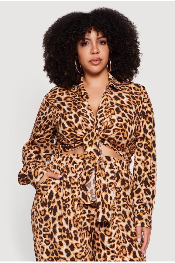 Women's Plus Size Printed Pattern Tie Front Crop Top