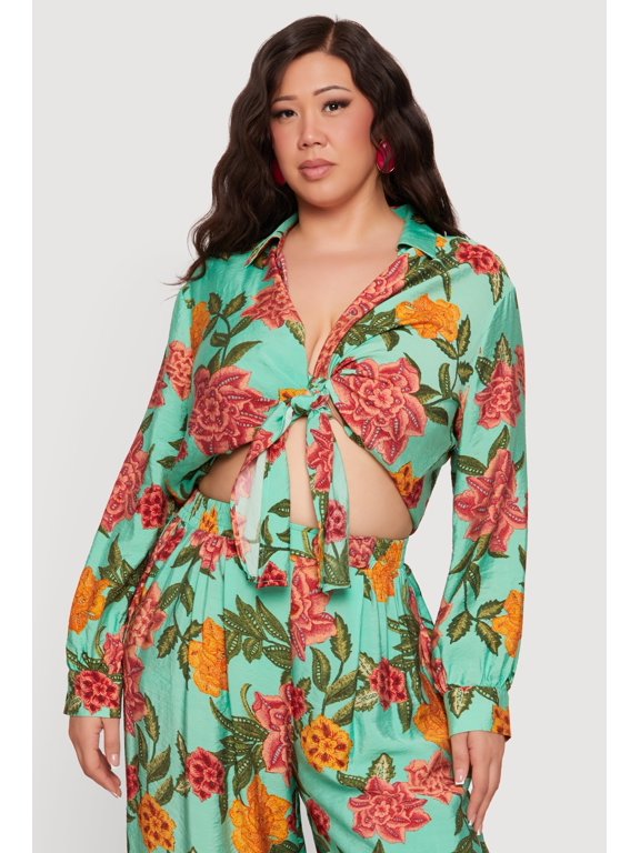 Women's Plus Size Printed Pattern Tie Front Crop Top