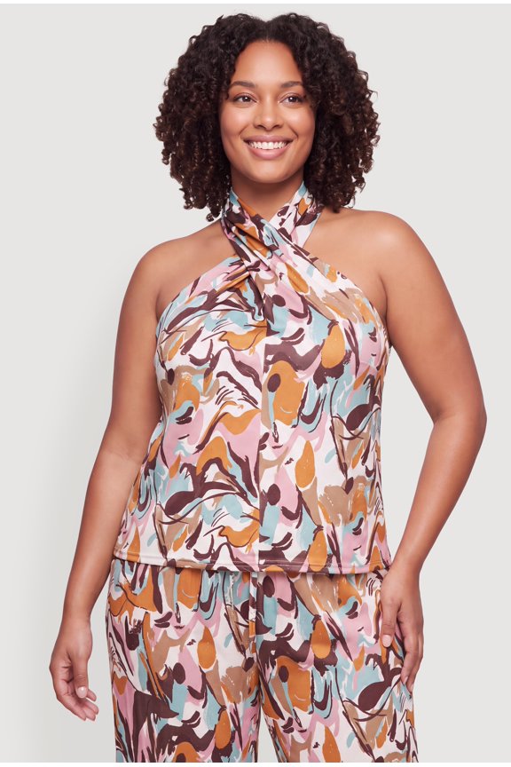 Women's Plus Size Printed Pattern Twisted Halter Neck Blouse