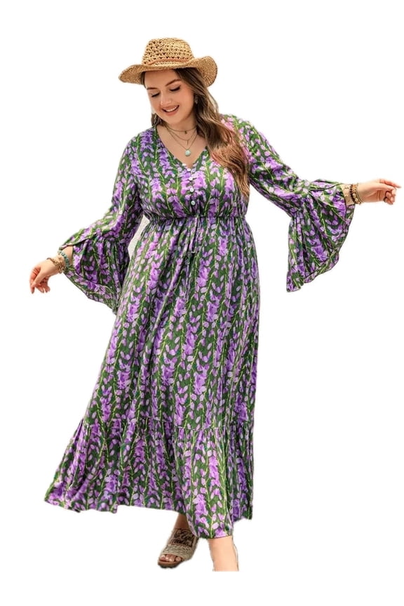 Women's Plus Size Printed V Neck Long Sleeve Maxi Dress viscose % fabric drapes softly and keeps you comfortable all day